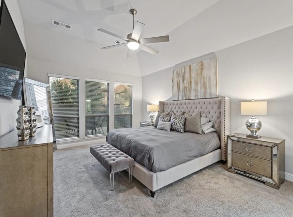 DFW primary bedroom staged by Edit + Style Home Staging